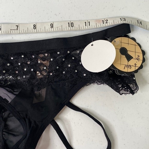 Honeydew Intimates Peek-A-Dew Lucy Hipster Black Lace Mesh Thong Strappy Panty - Picture 11 of 12